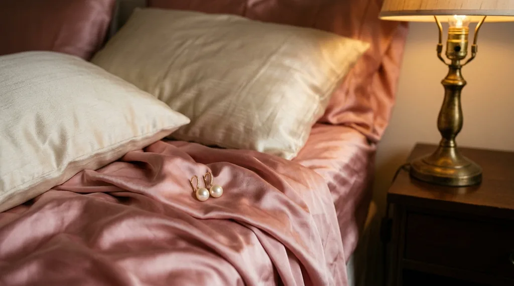 Draps satin praline et lampe vintage — tel rose érotique soumise Sandra